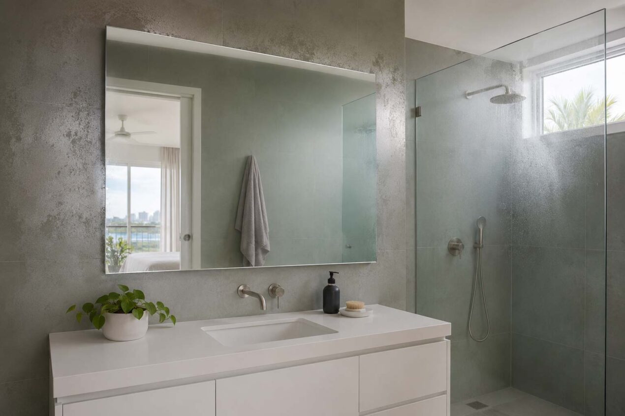 Anti-fog bathroom mirror staying clear in a humid contemporary Australian bathroom