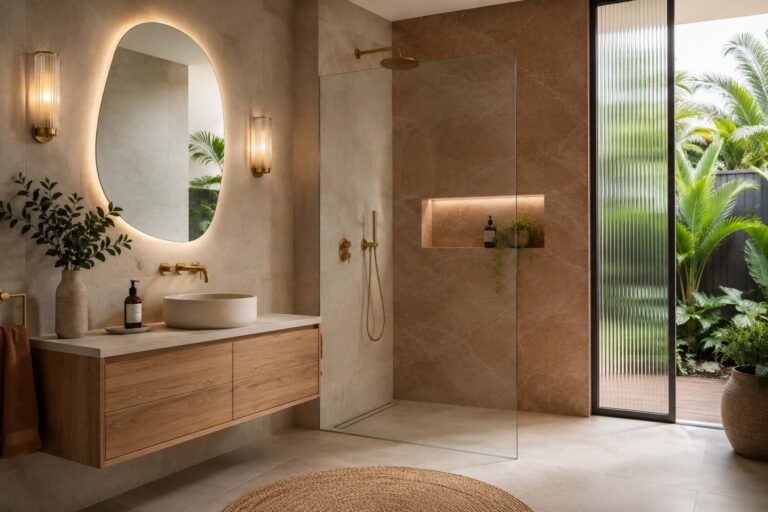Australian bathroom design trends featuring frameless glass, warm earthy colours and a shaped mirror