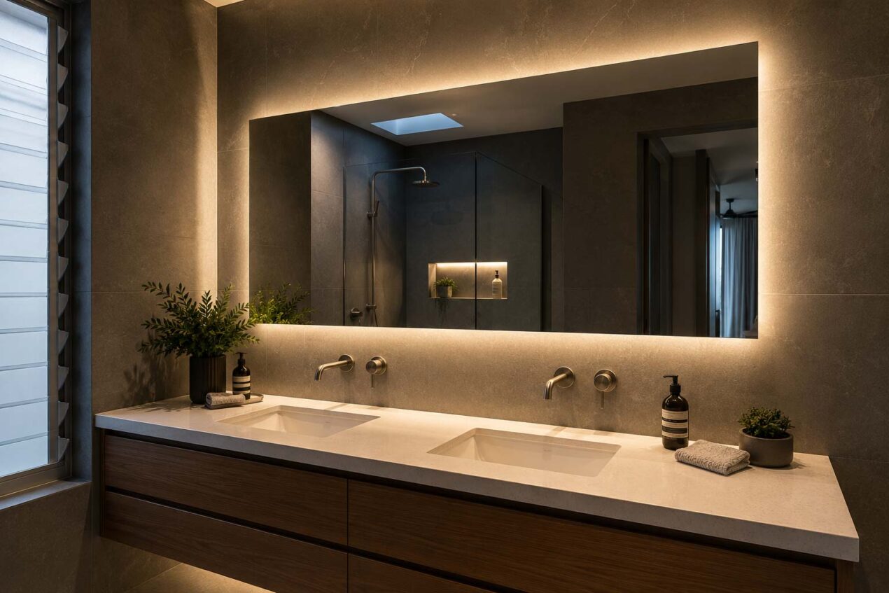 Backlit bathroom mirror with soft halo lighting above a modern vanity in an Australian bathroom