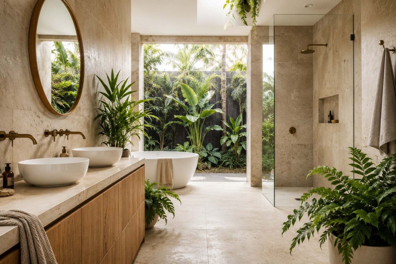 Contemporary Australian bathroom with biophilic design, natural light, timber vanity and lush greenery