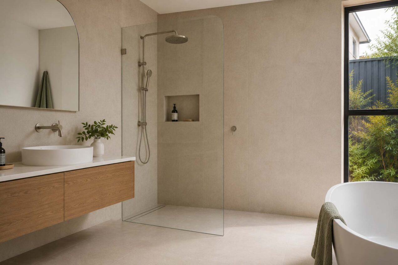 Curved frameless shower screen in a contemporary Australian bathroom