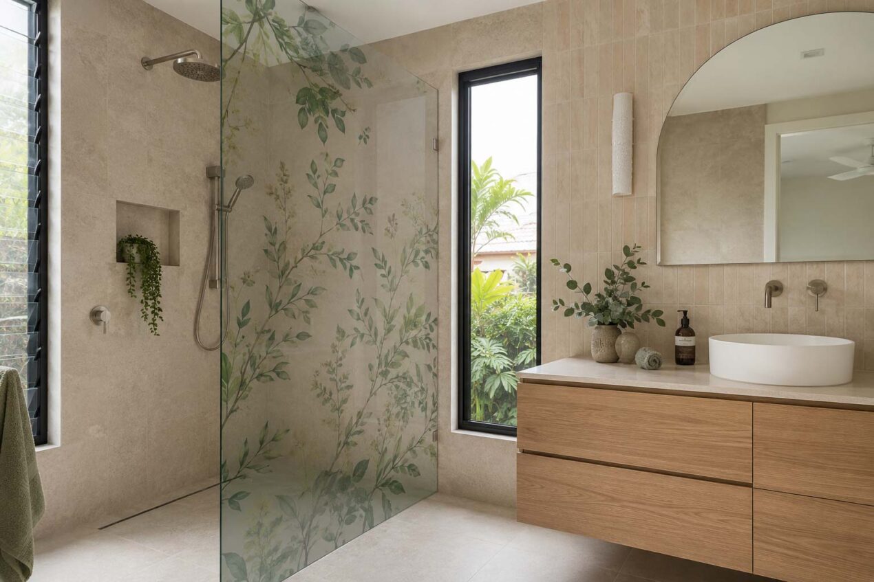 Custom printed shower screen with a botanical glass design in a contemporary Australian bathroom