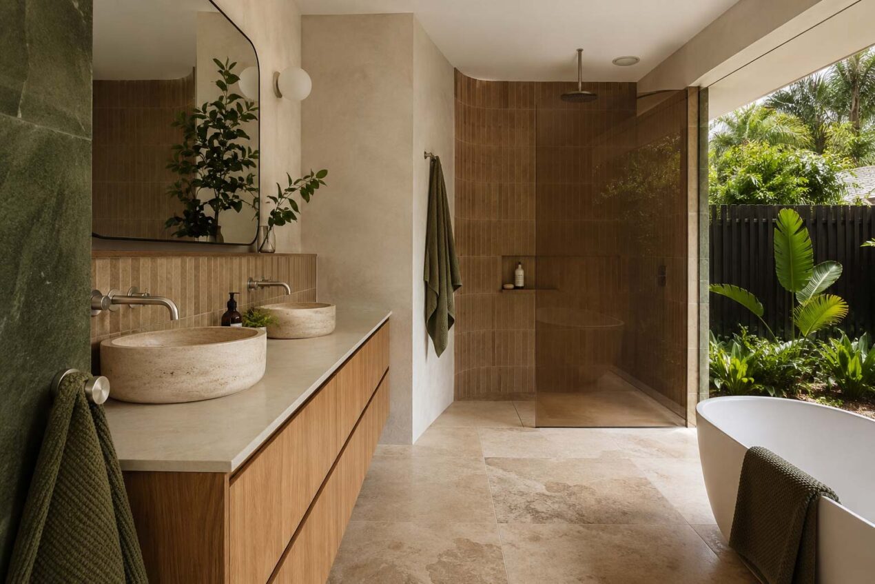 Contemporary Australian bathroom with warm earthy colours, timber cabinetry and stone-look tiles