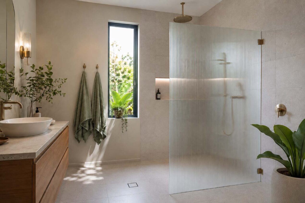 Gold Coast bathroom renovation featuring a fluted glass shower screen with vertical reed glass texture