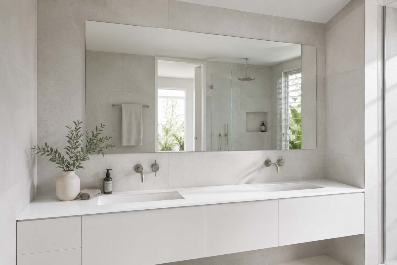 Frameless bathroom mirror above a modern vanity in a contemporary Australian bathroom
