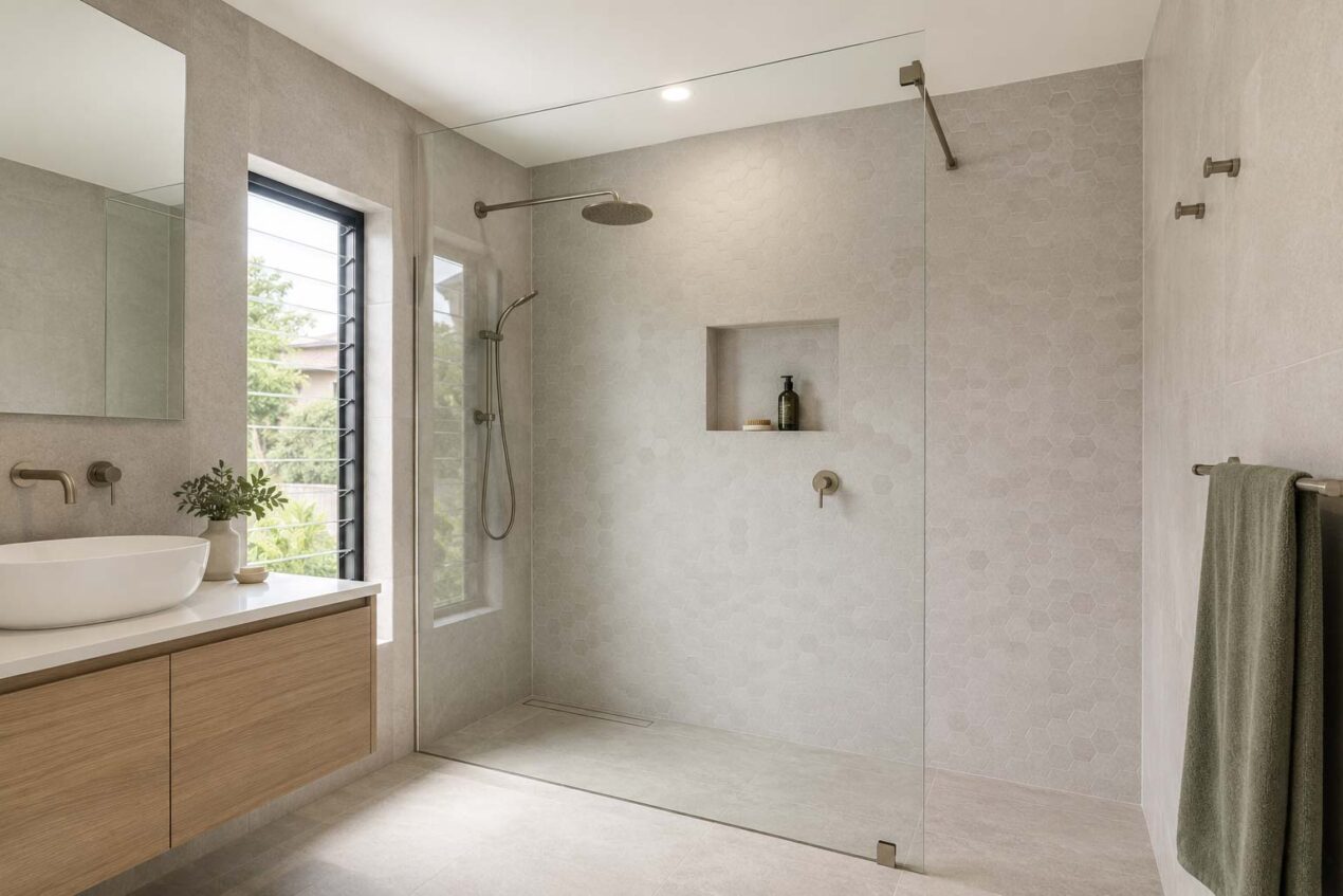 Modern Australian bathroom with a fixed glass shower panel creating an open walk-in shower