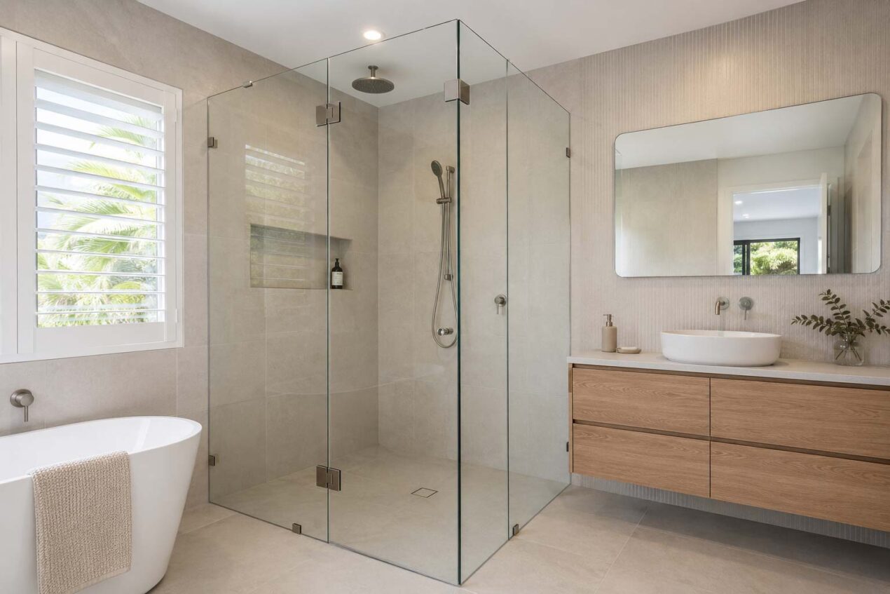 Fully frameless shower screen in a contemporary Australian bathroom with clear glass and minimal hardware