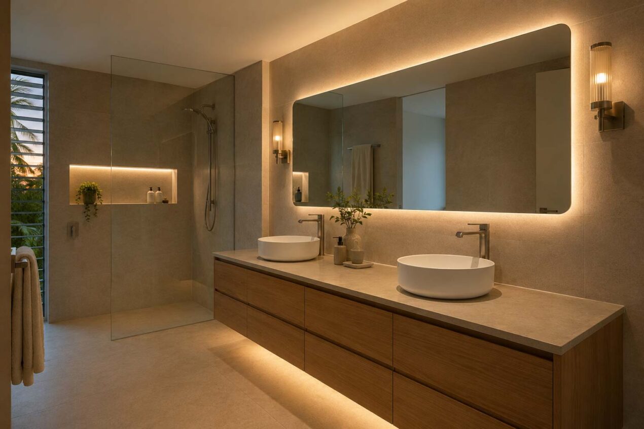 Contemporary Australian bathroom with layered lighting, a backlit mirror and warm vanity glow