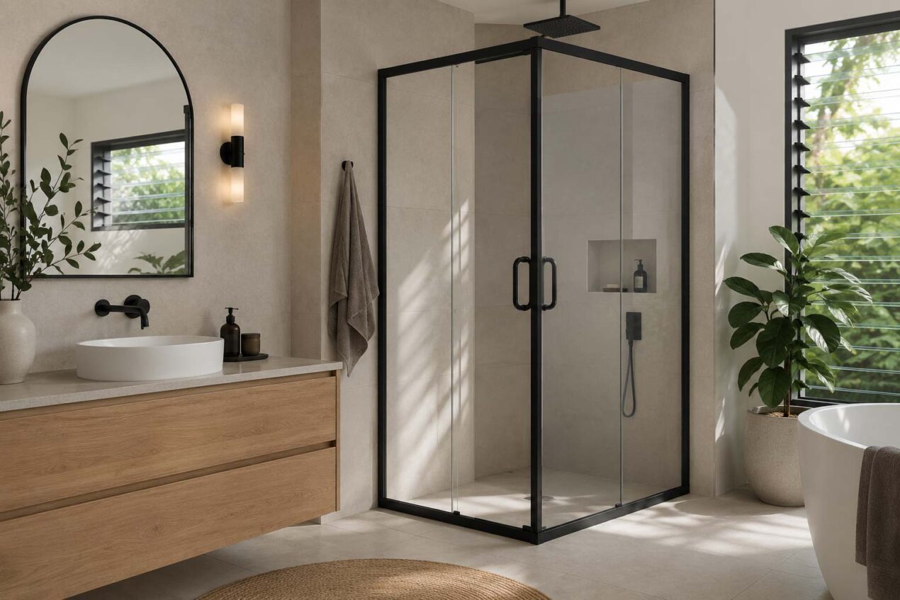 Matte black semi-frameless shower screen in a contemporary Australian bathroom