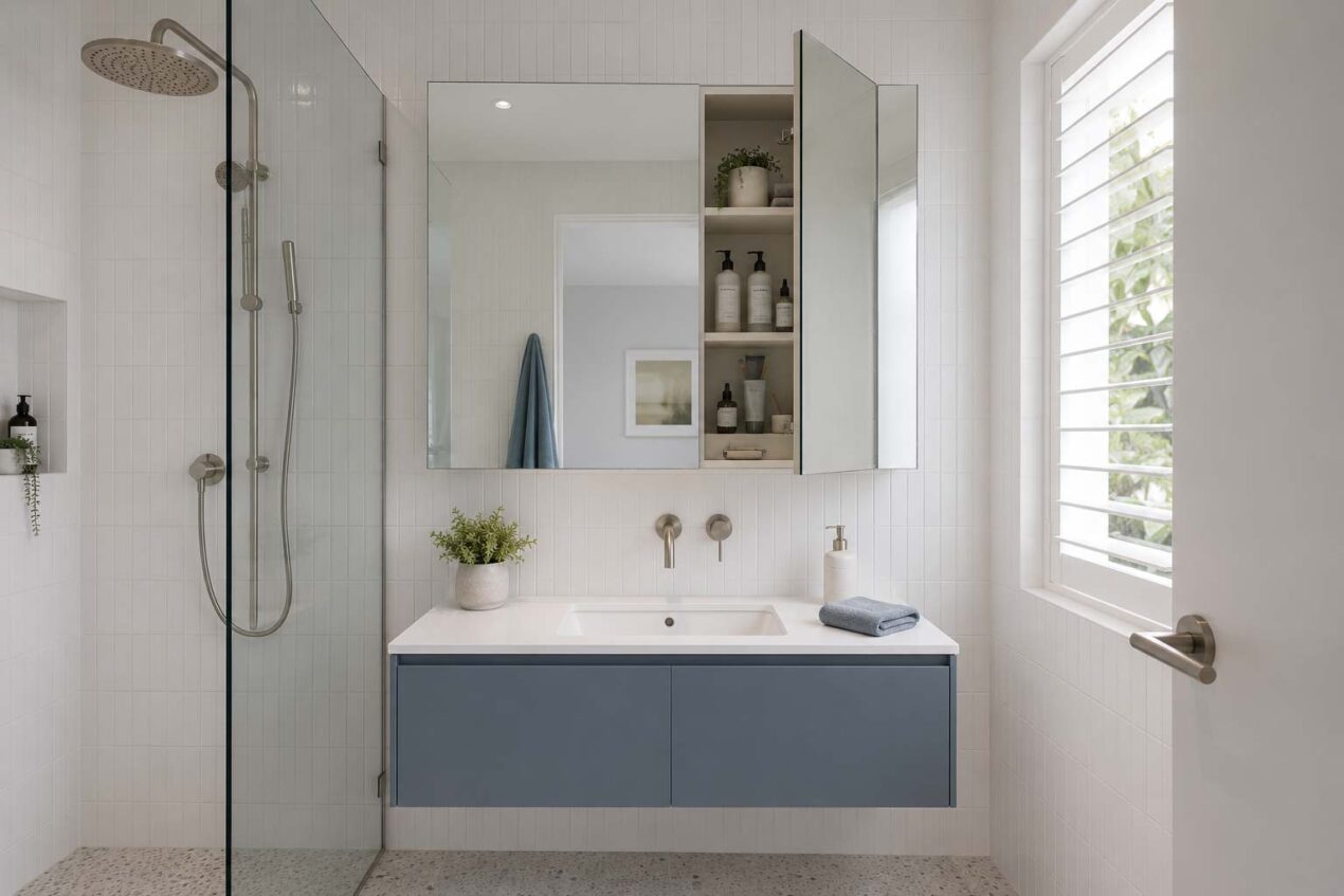 Mirror cabinet with hidden storage above a compact vanity in a contemporary Australian bathroom