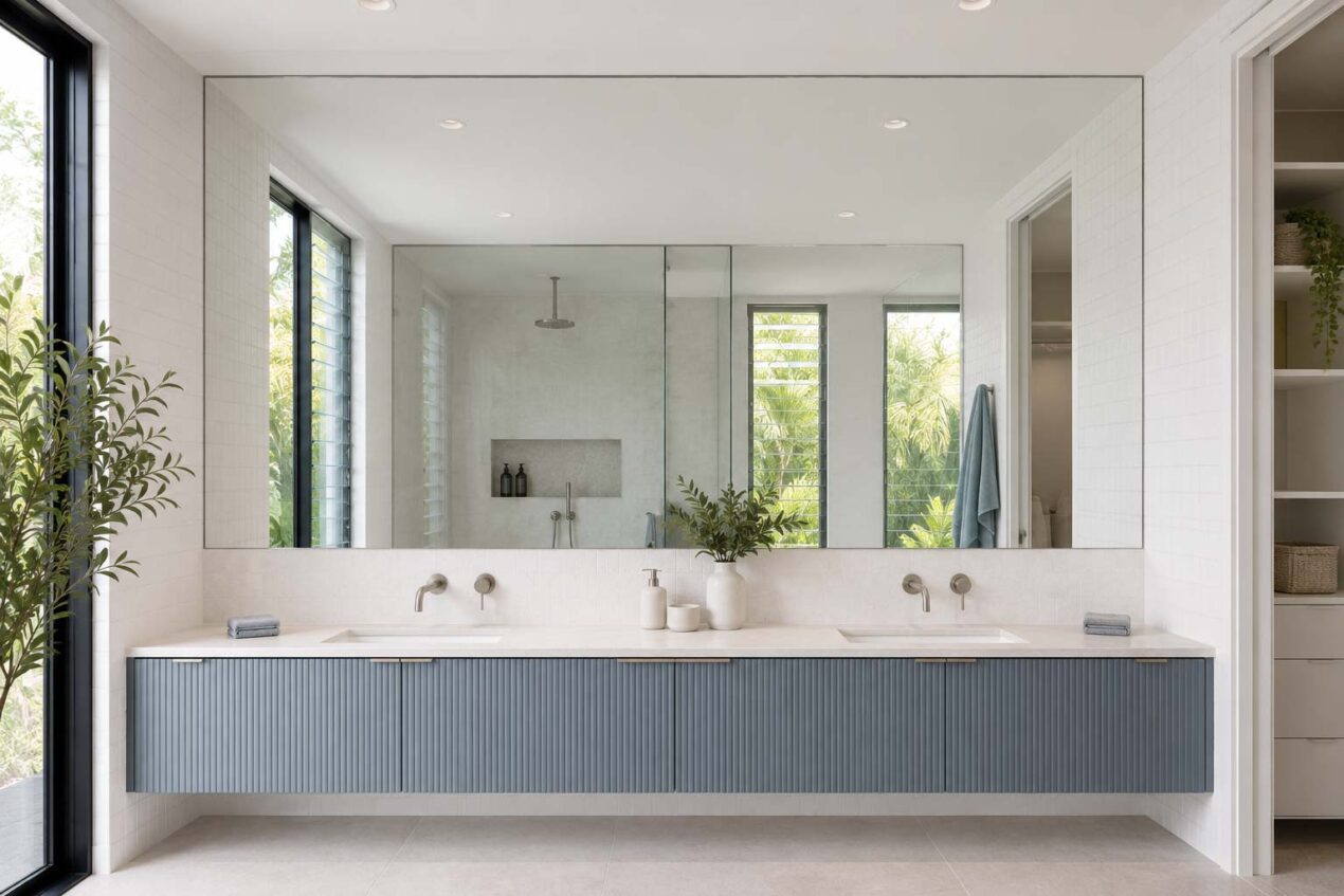 Oversized wall-to-wall bathroom mirror above a double vanity in a contemporary Australian bathroom