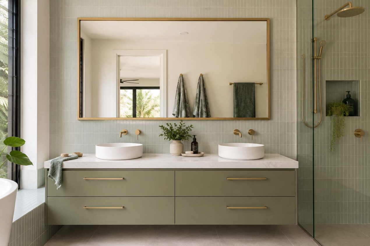 Satin Gold framed bathroom mirror above an olive vanity in a contemporary Australian bathroom