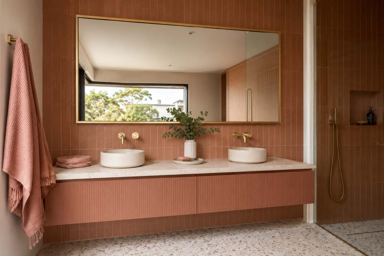 Satin Gold bathroom mirror frame in a warm contemporary Australian bathroom palette