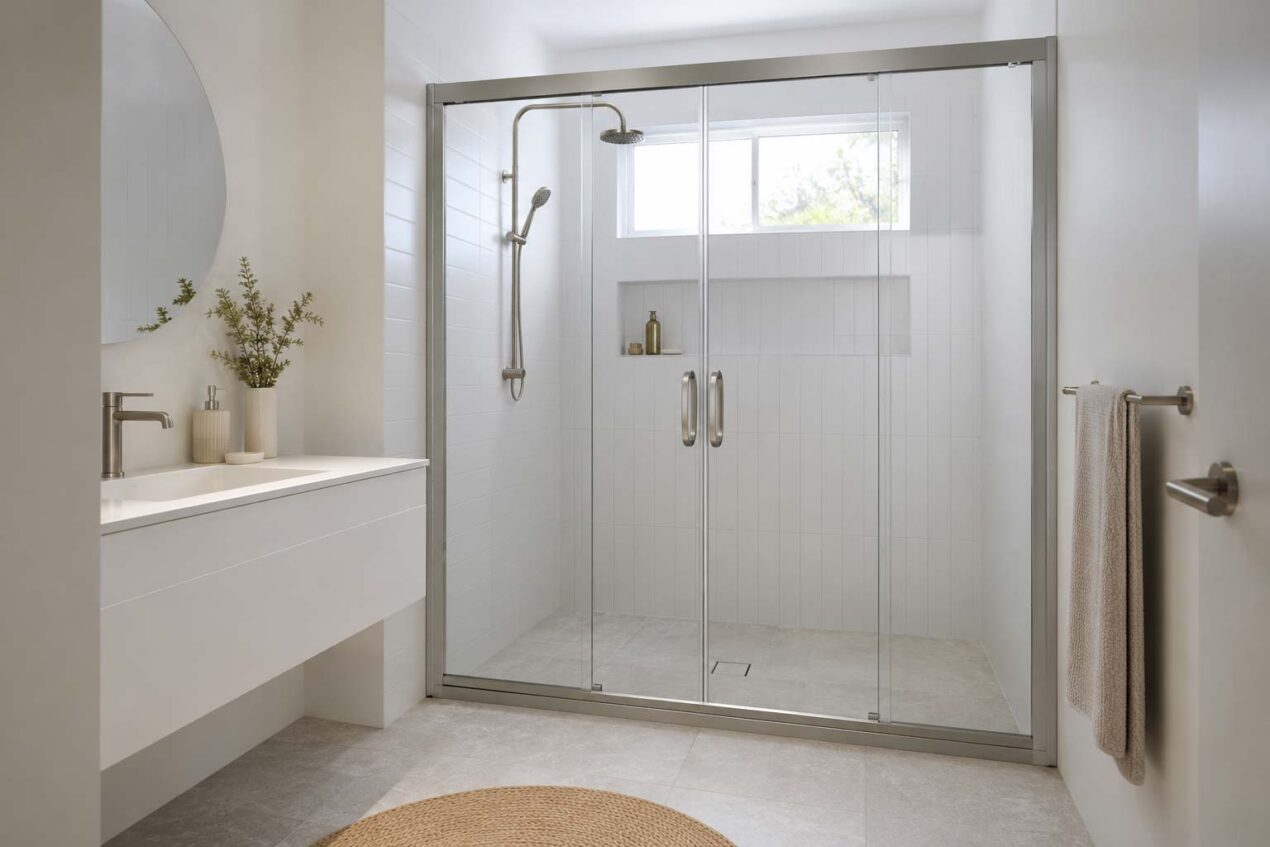 Custom printed shower screen with a botanical glass design in a contemporary Australian bathroom