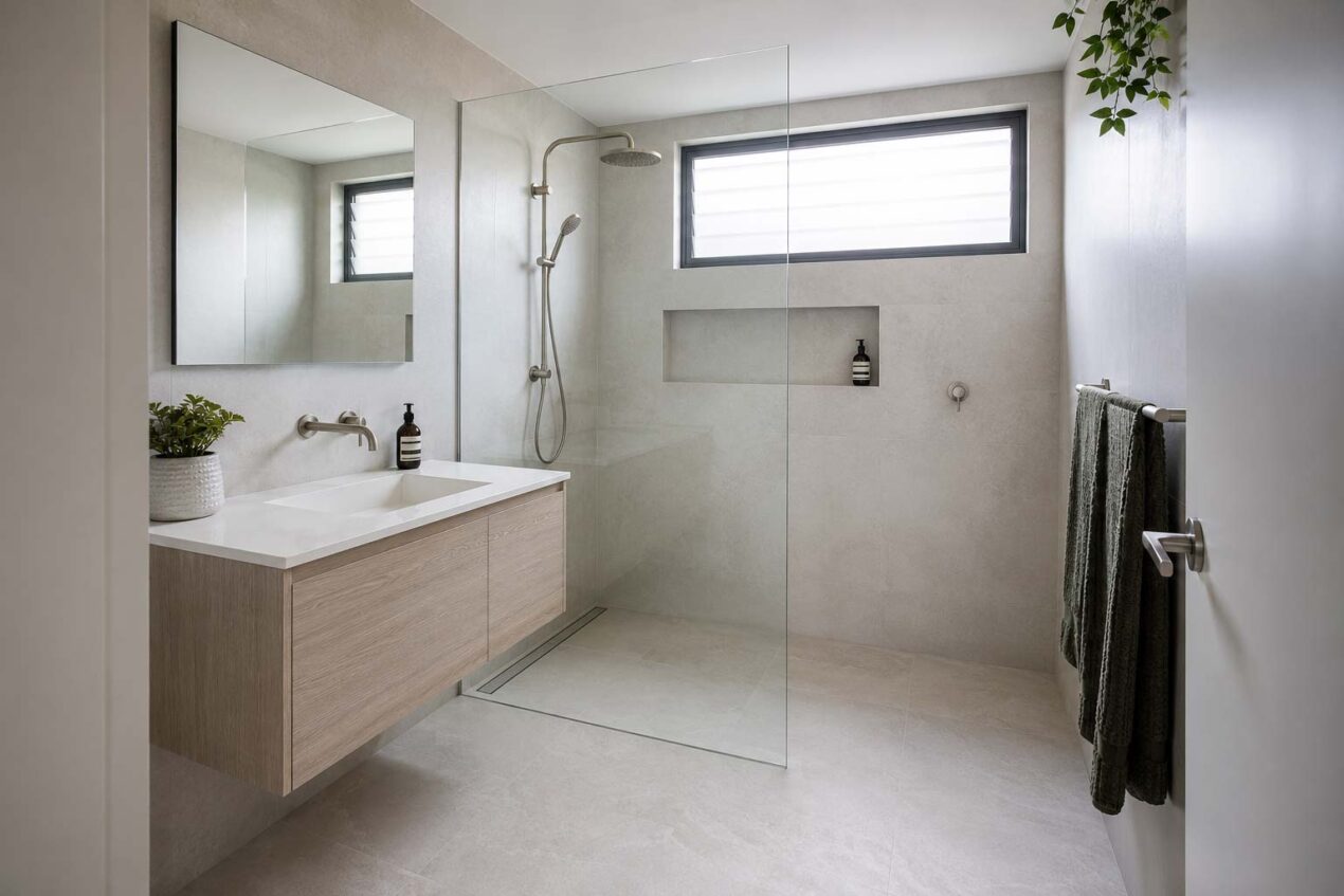 Compact Australian bathroom with a frameless fixed glass shower panel and continuous floor tiles