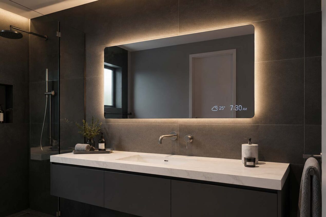 Smart bathroom mirror with an integrated digital display in a contemporary Australian bathroom