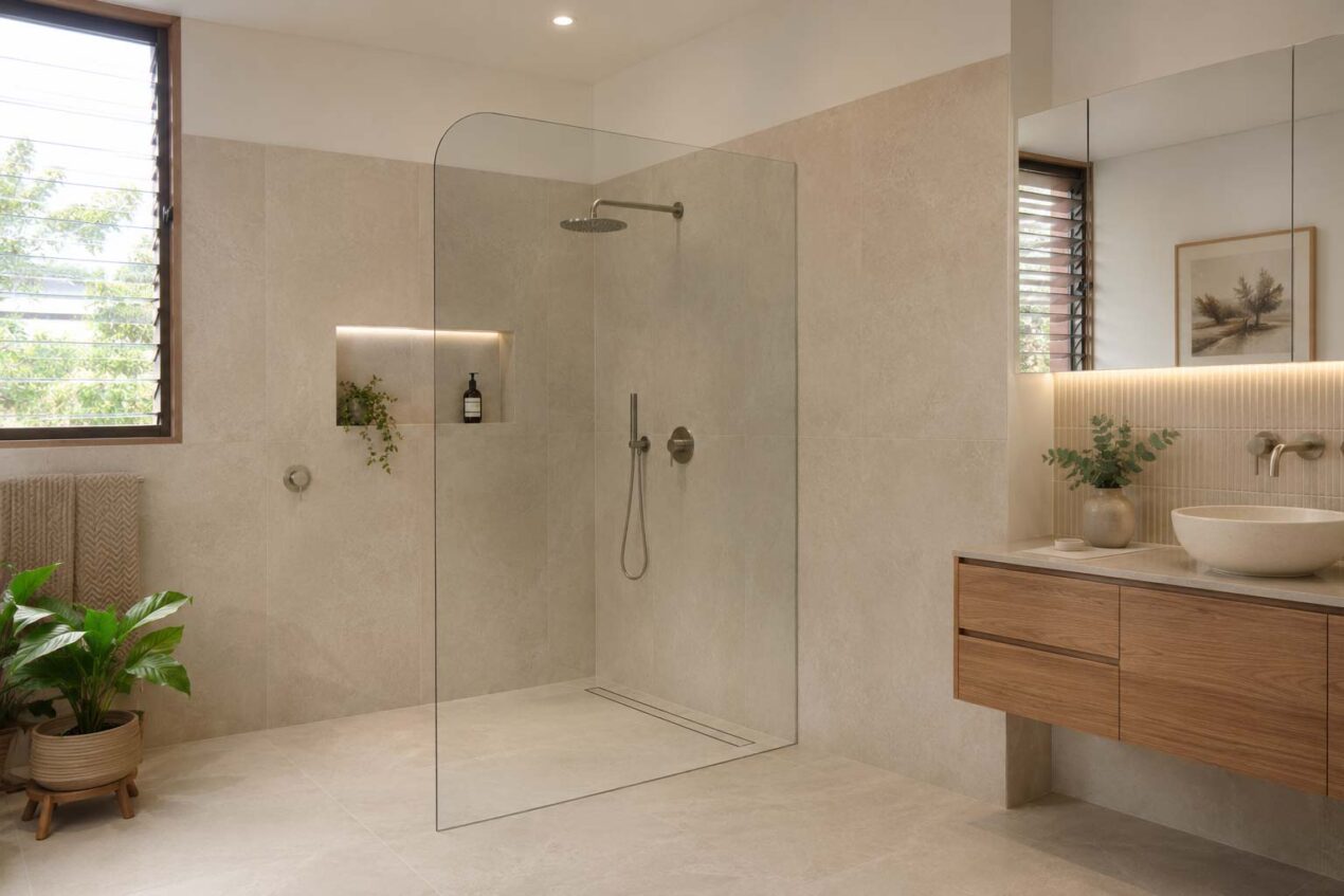 Walk-in shower layout with a fixed frameless glass panel in a contemporary Australian bathroom
