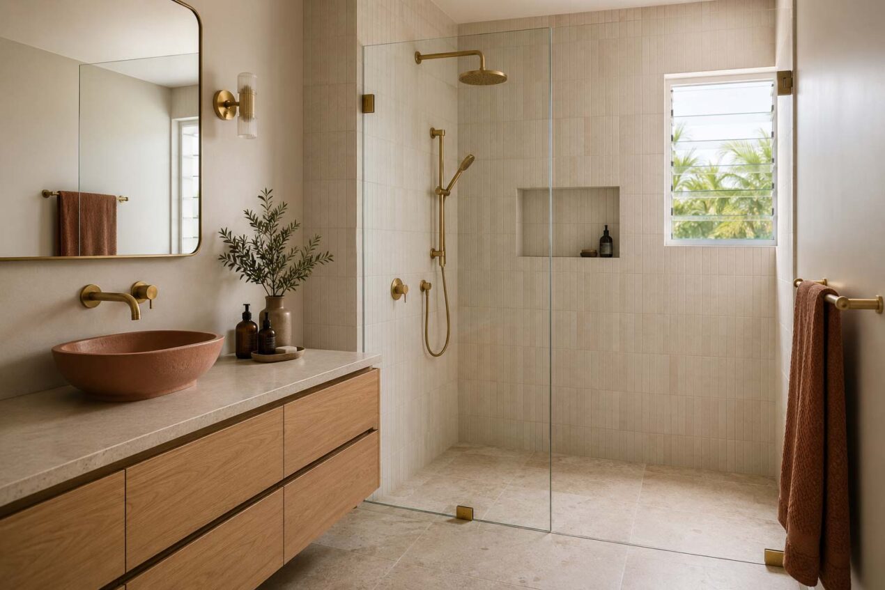 Contemporary Australian bathroom with brushed gold tapware and matching frameless shower screen brackets