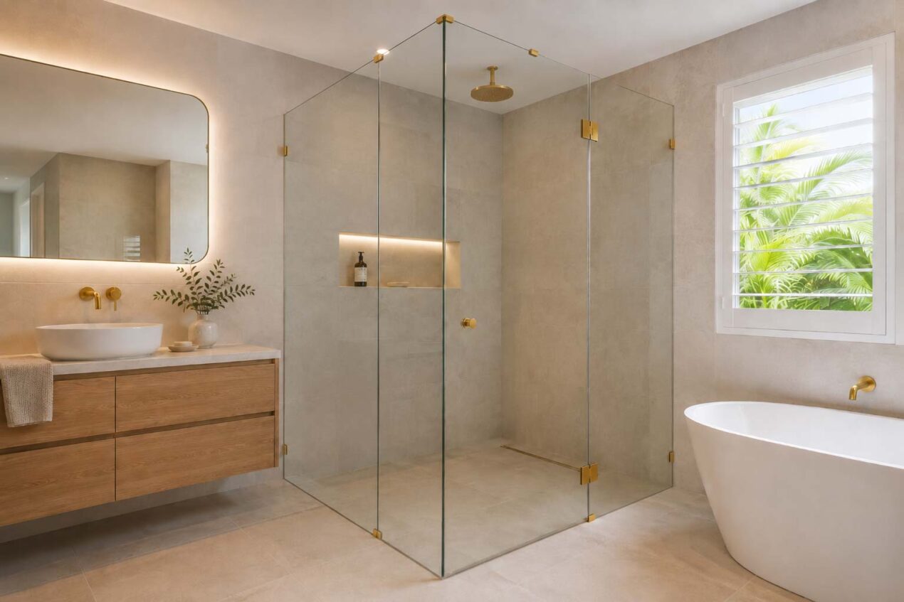 Warm metallic shower hardware finishes on a fully frameless shower screen in a contemporary Australian bathroom
