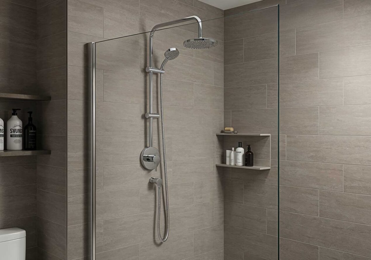 Close-up of a semi-frameless glass shower screen precisely installed against subtly out-of-square tiled bathroom walls with visible grout lines, in a modern neutral-toned setting.