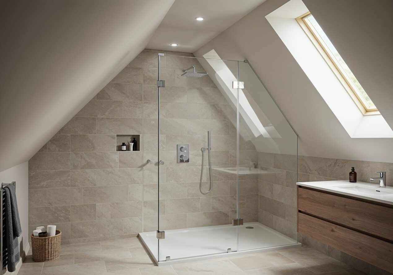Custom semi-frameless glass shower screen installed under an angled attic ceiling in a modern bathroom with beige tiles and skylight.