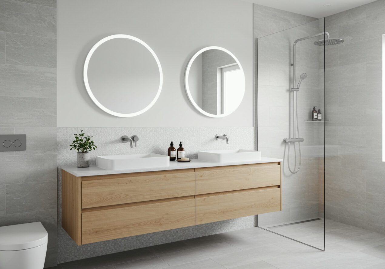 Modern bathroom with frameless glass shower screen and floating timber vanity