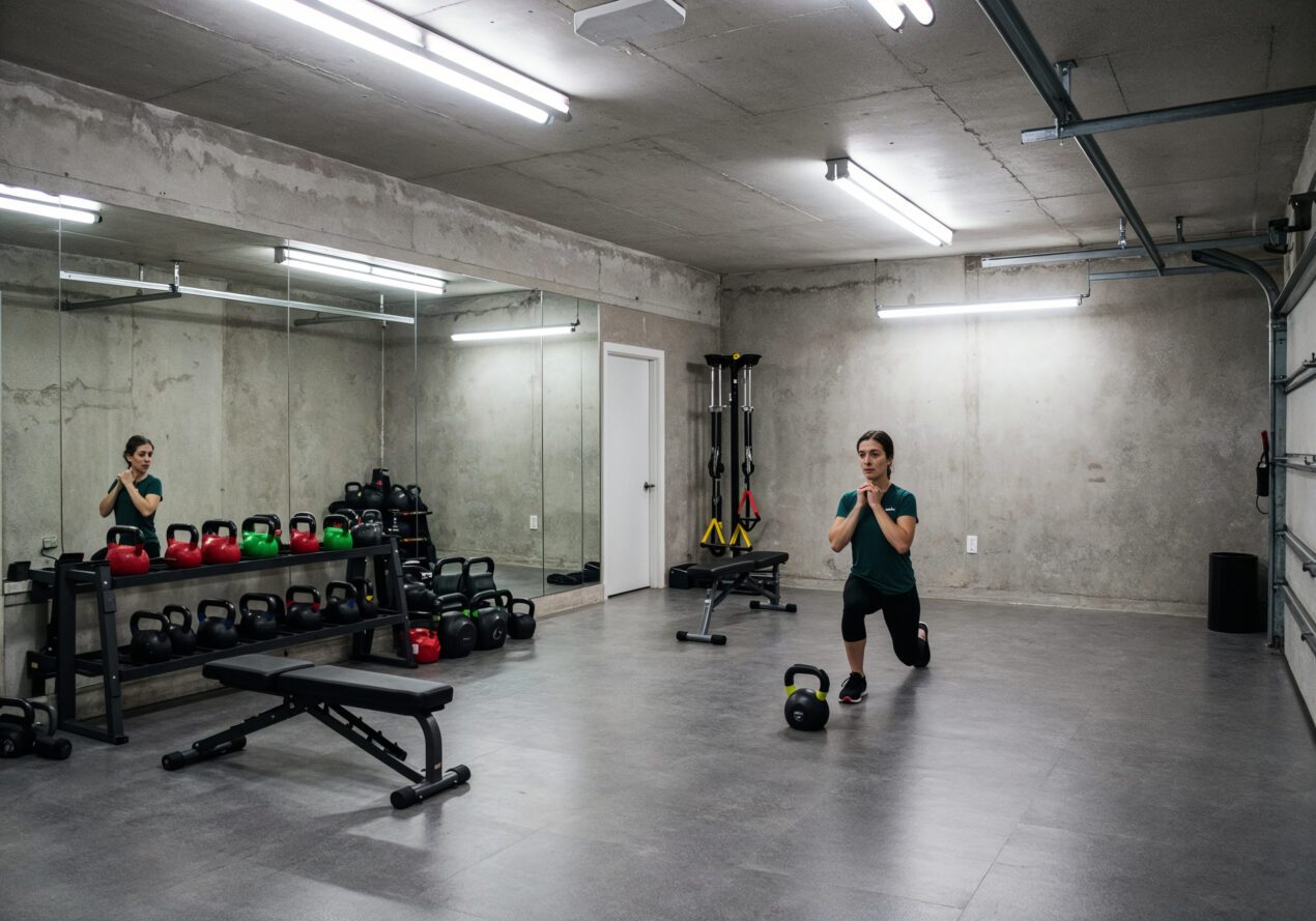 A garage converted into a modern home gym with a full wall mirror, concrete walls, kettlebells, and workout bench. A woman performs lunges while watching her form in the mirror.