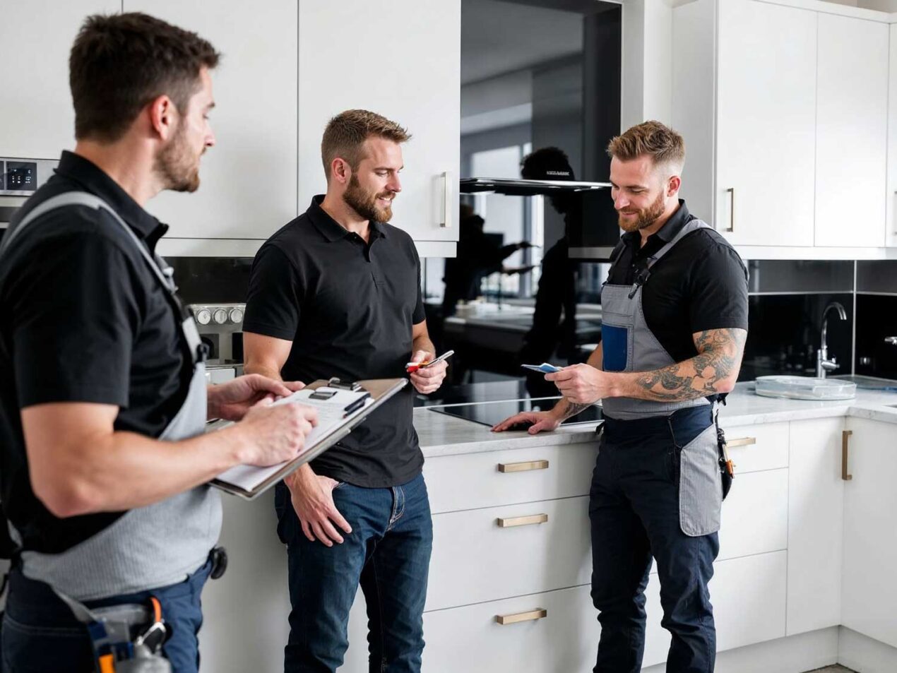 A team of professional glass splashback installers discussing plans inside a modern kitchen, reviewing measurements and coordination steps before installation.