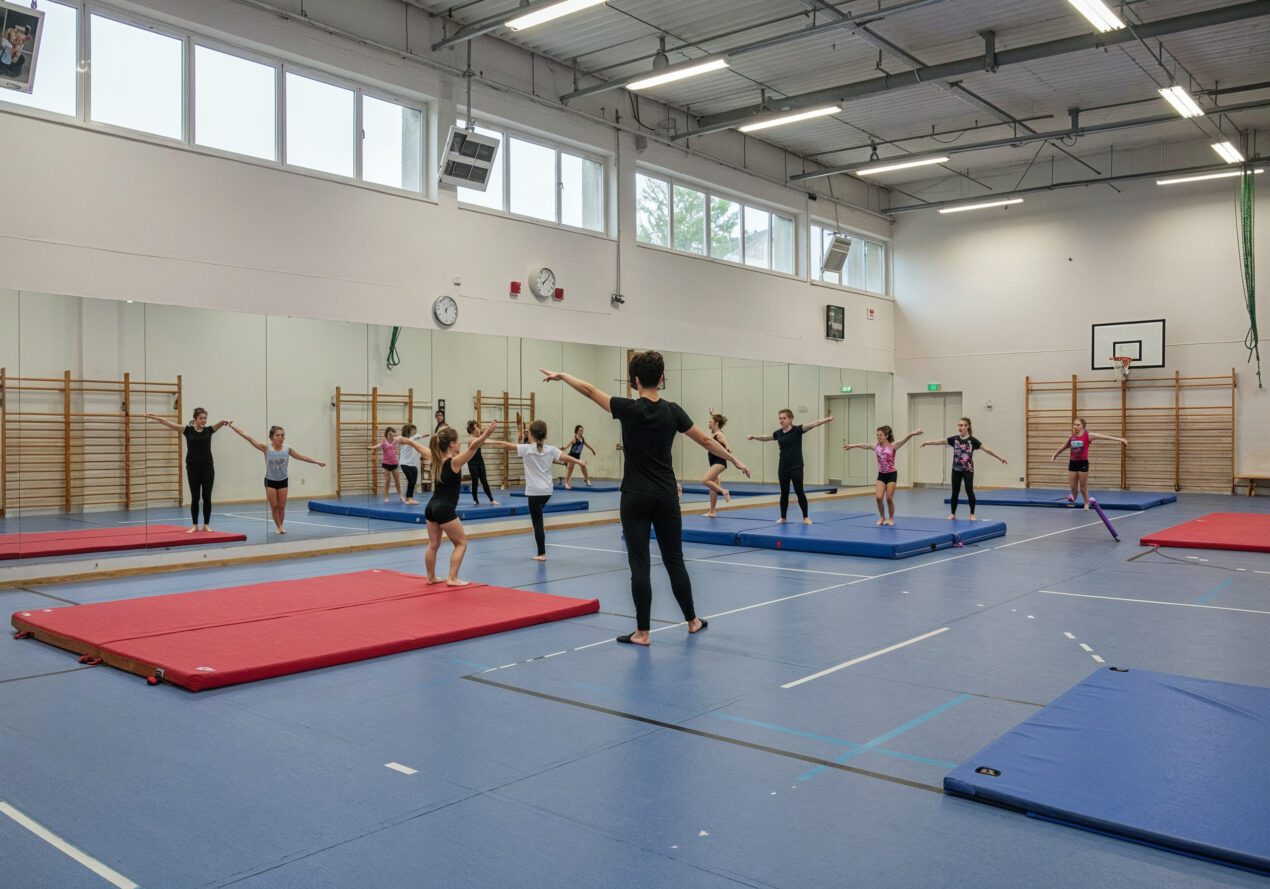 Full-length wall mirrors in a bright gymnasium with children practicing gymnastics and a coach demonstrating movements in front of the mirrors