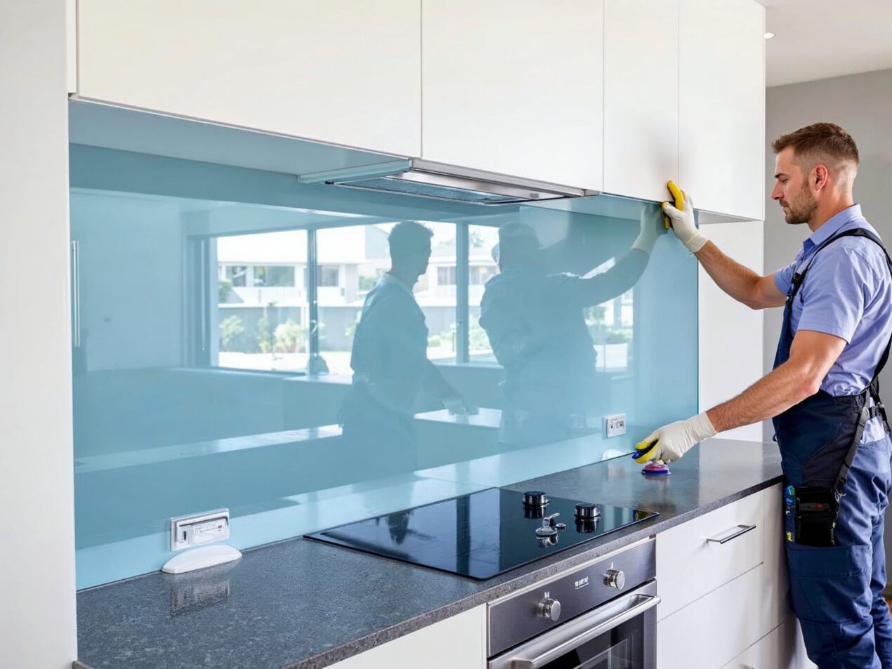 A professional glazier carefully installing a large aqua glass splashback in a modern kitchen, using suction tools and wearing gloves for a precise, clean finish above a stone benchtop and cooktop.
