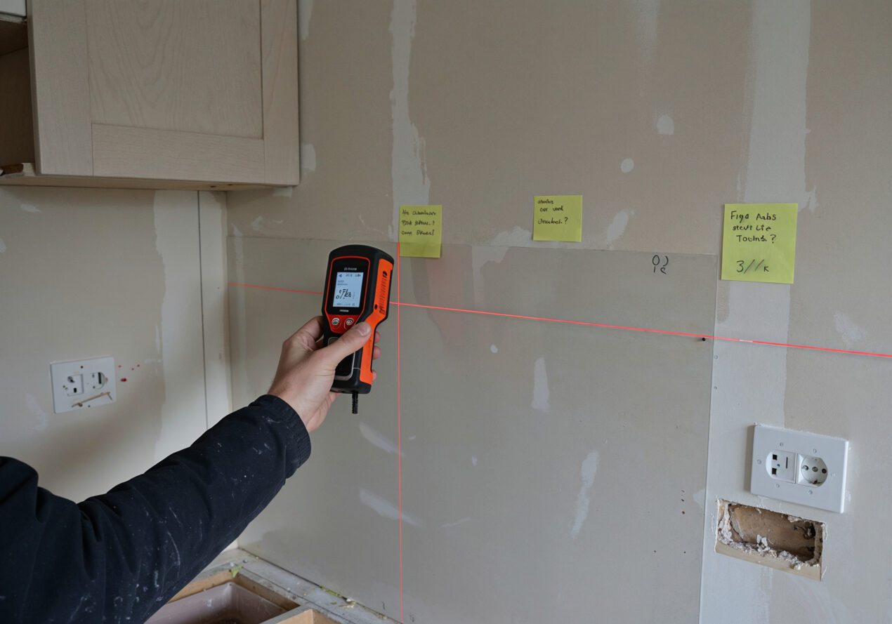 A tradesperson using a digital laser measurer to check wall alignment before installing a glass splashback in a partially renovated kitchen with exposed plaster and power points.