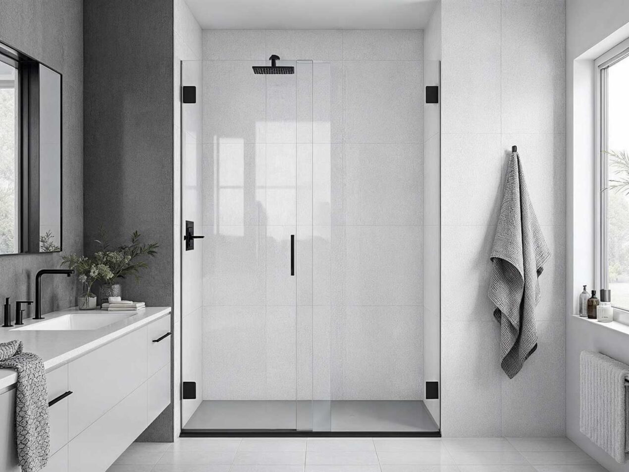 Modern bathroom featuring a semi-frameless glass shower screen with matte black hardware and matching black tapware and fixtures.