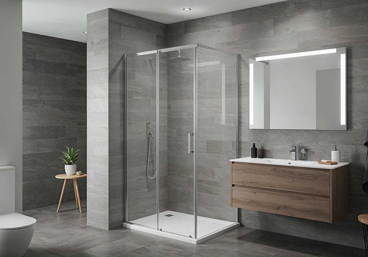 A modern bathroom featuring a semi-frameless sliding shower screen with slimline chrome framing and soft grey tiles, showcasing minimalist design and a clean architectural finish.
