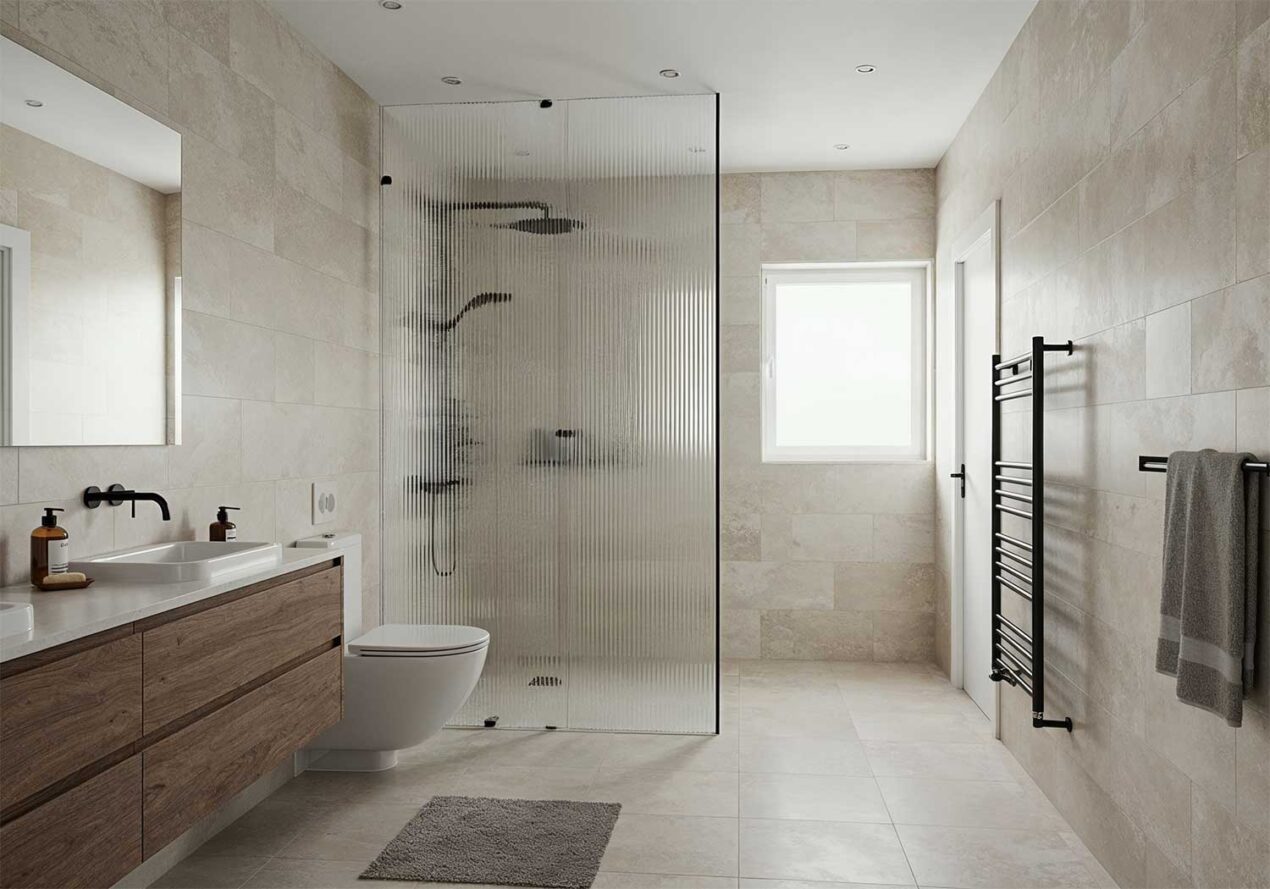 Modern bathroom featuring a full-height fluted glass shower screen with black hardware, floating wood vanity, and light stone tiles.