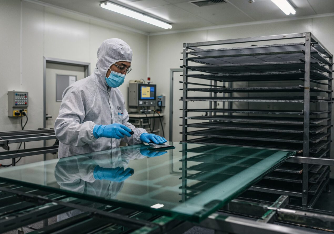 Factory technician applying nano coating to a shower glass panel inside a clean, controlled environment.