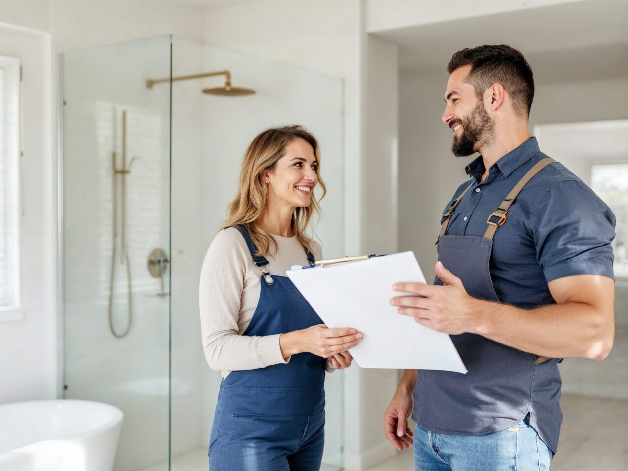 A professional tradesperson and homeowner discussing a bathroom renovation in front of a frameless shower screen, representing hassle-free service and expert installation