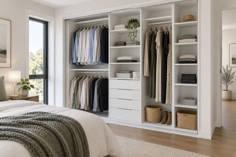 Custom built-in wardrobe with white melamine shelving, hanging space and drawers