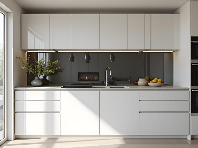 Modern kitchen with grey mirror splashbacks reflecting cabinetry and pendant lights