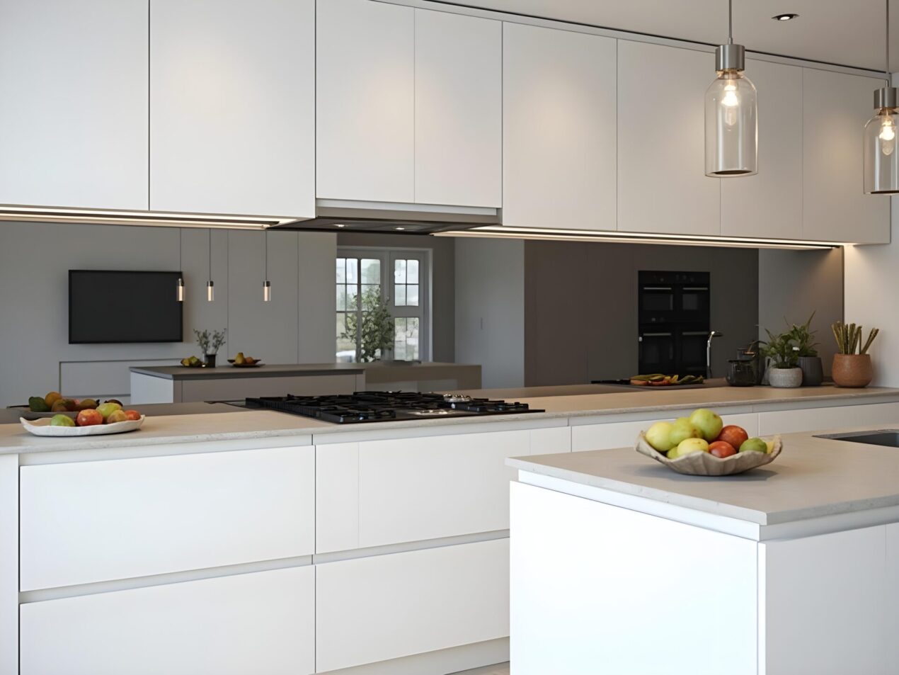 Contemporary kitchen with grey smoked mirror splashbacks and minimalist white cabinetry