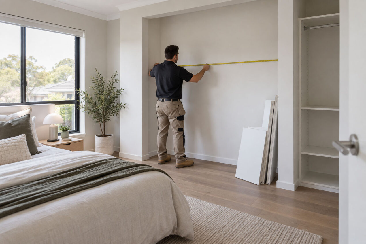 Measuring a bedroom wall for a built-in wardrobe with finished flooring in place