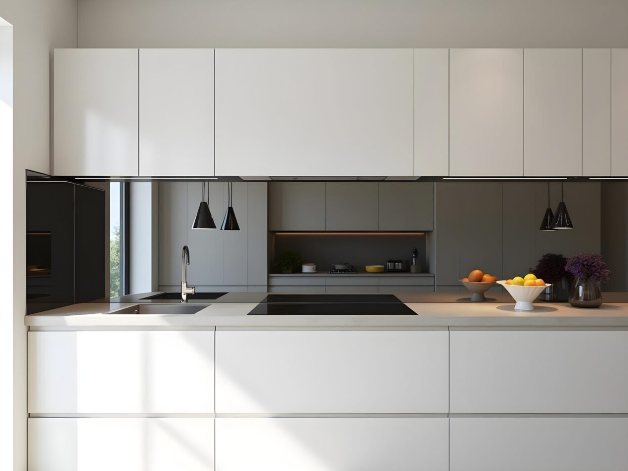 Smoked glass splashbacks in a modern kitchen with sleek white cabinets and pendant lighting