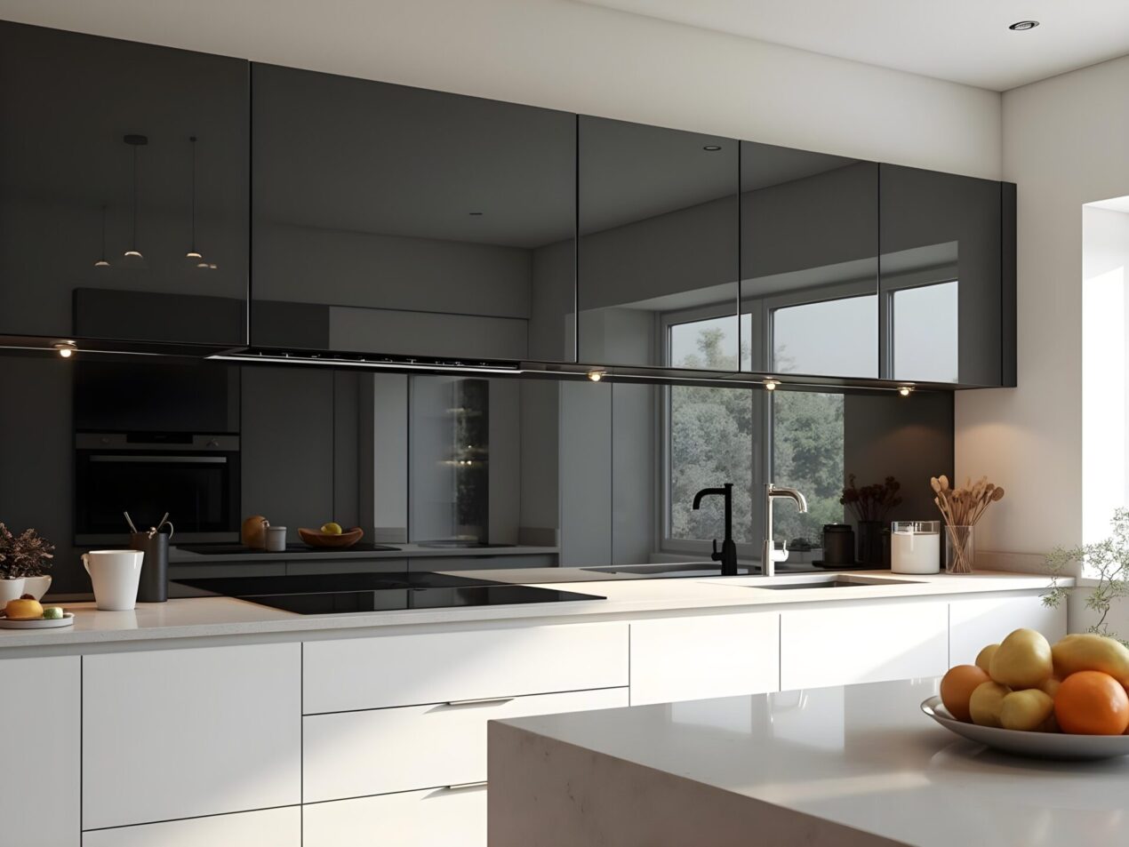 White kitchen with smoked mirror glass splashbacks and stone benchtops