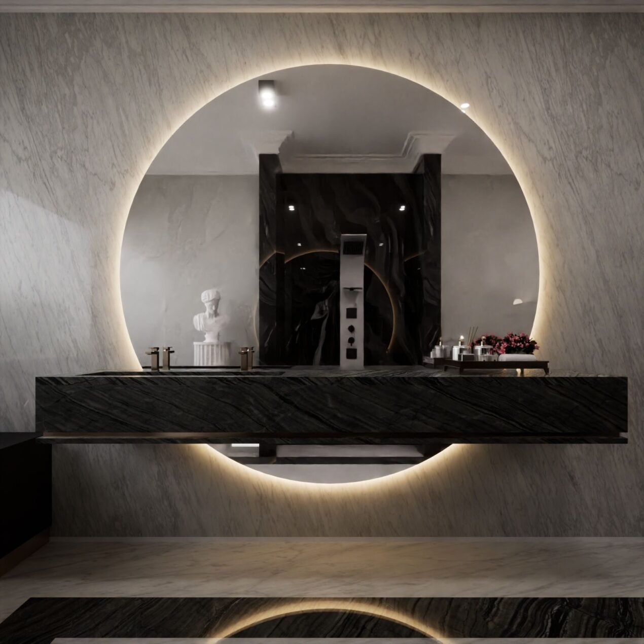 A luxury bathroom featuring a round backlit mirror and marble vanity for a sleek, modern look