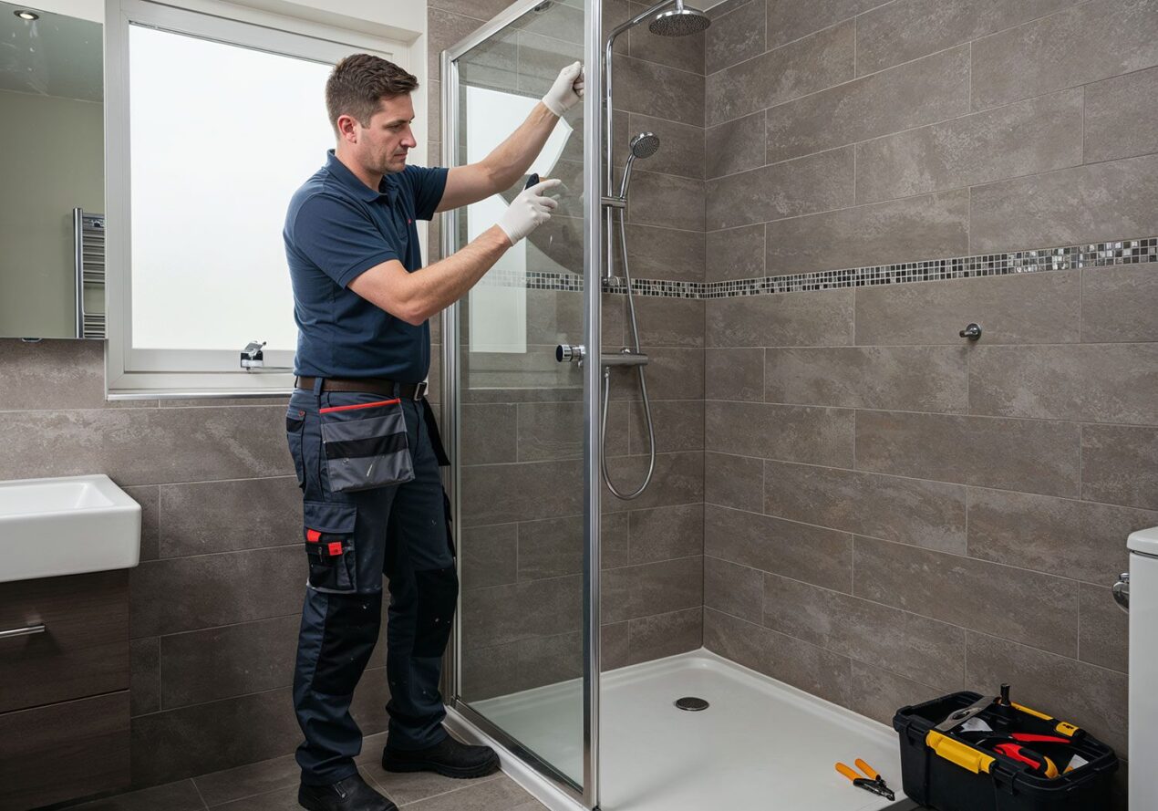 Specialist replacing shower screen glass in a modern Brisbane bathroom