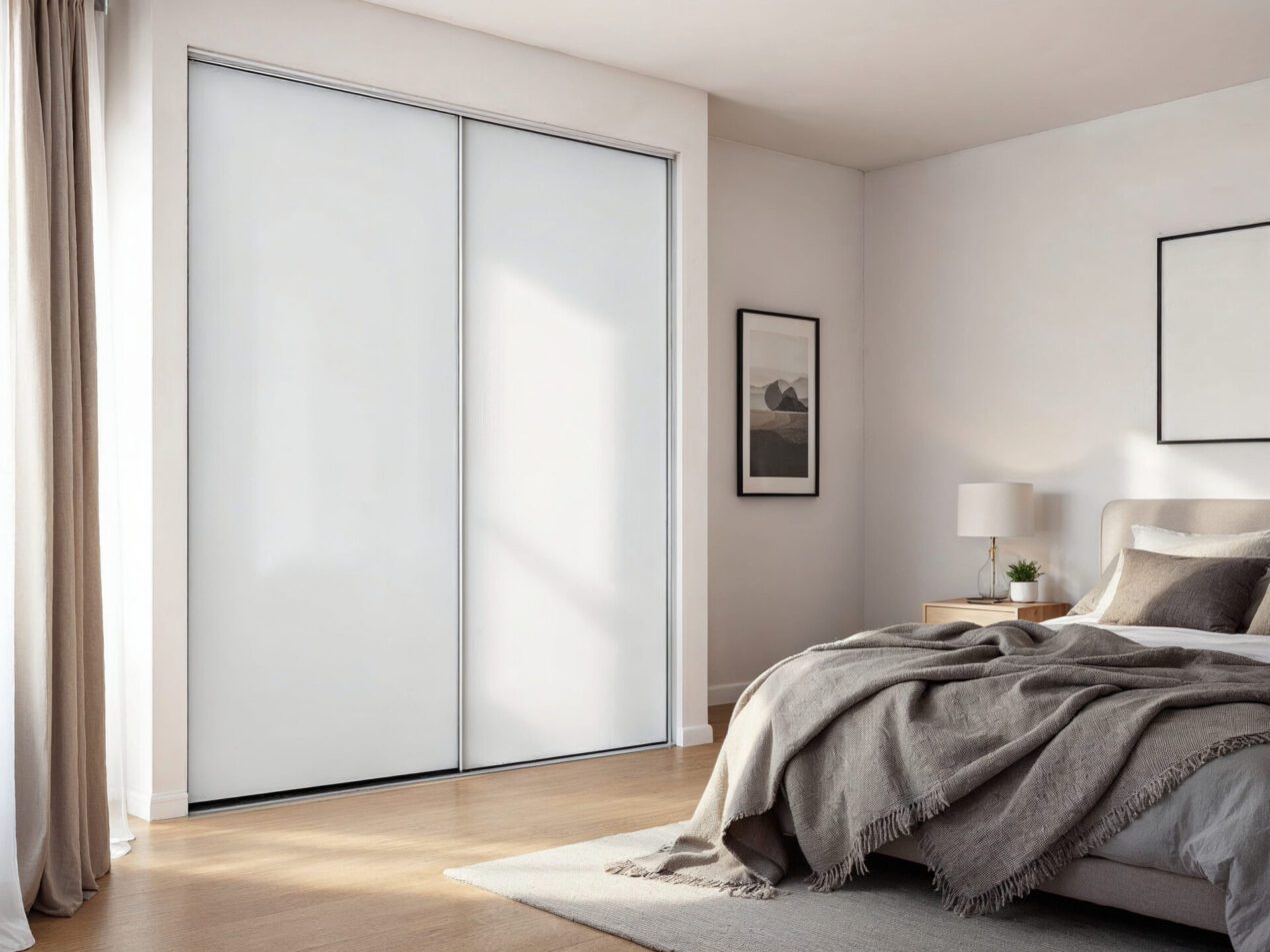 Minimalist bedroom with modern white glass sliding cupboard doors
