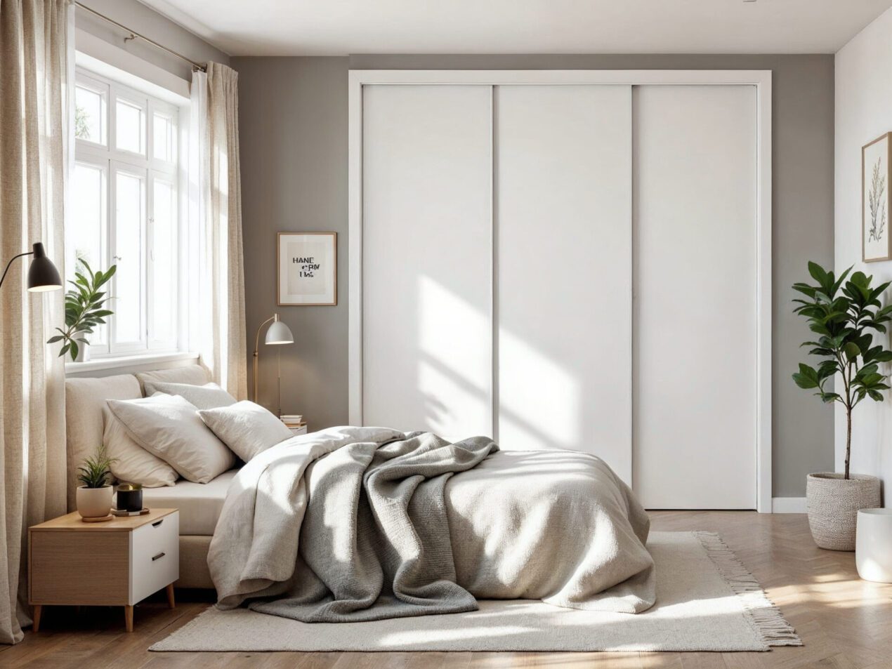 Bedroom with modern white sliding cupboard doors and Scandinavian decor