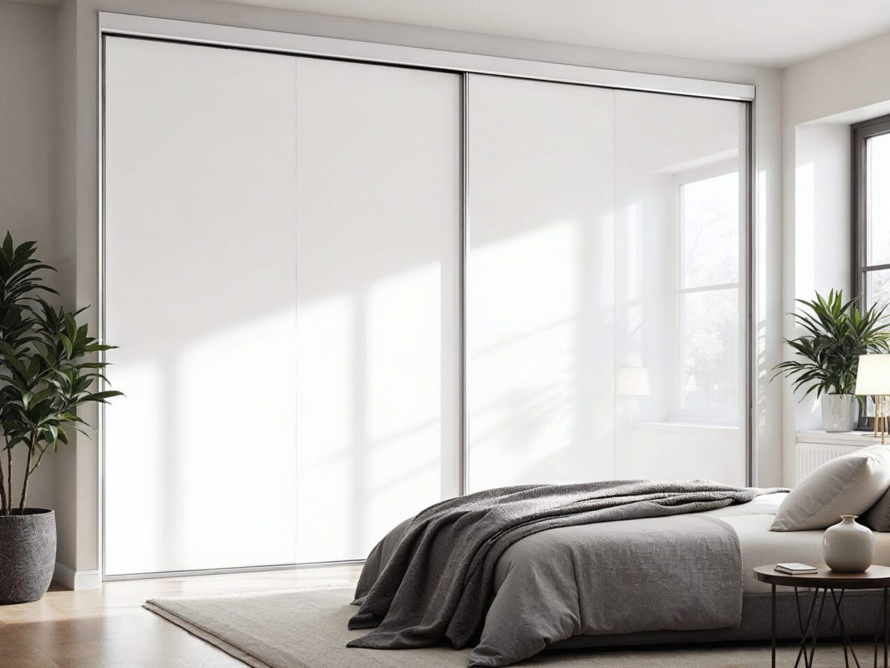 Bright bedroom in Brisbane with white sliding cupboard doors