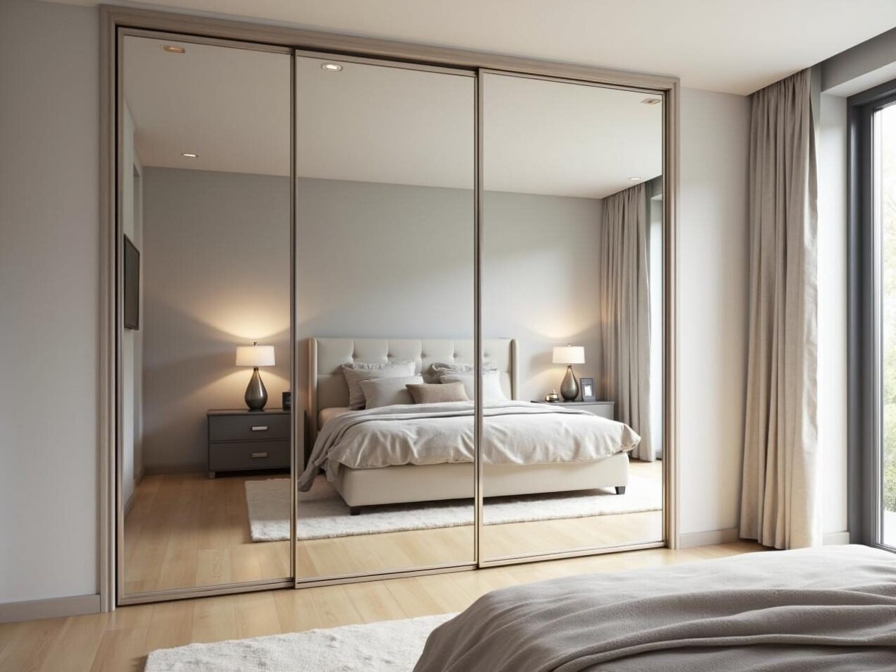 Modern bedroom with mirrored sliding doors for cupboards