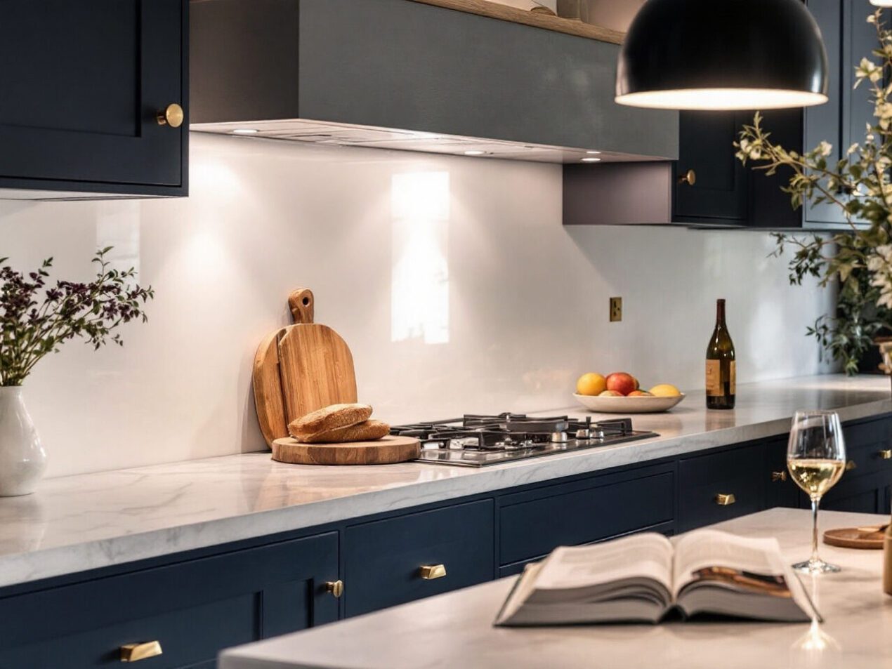 Streamlined white kitchen with a pure white glass splashback and seamless benchtops in natural daylight
