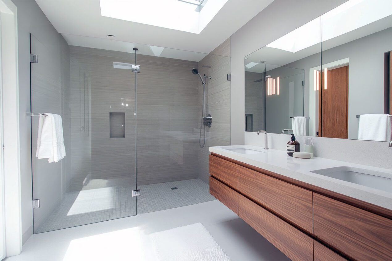 A bright contemporary bathroom with a wall to wall shower screen, floating timber vanity and large skylight